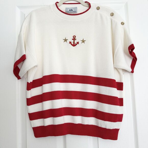 Bay Point Threads Sweaters - Bay Point Threads Women’s Nautical Anchor Sweater Size L Red White Gold Stars